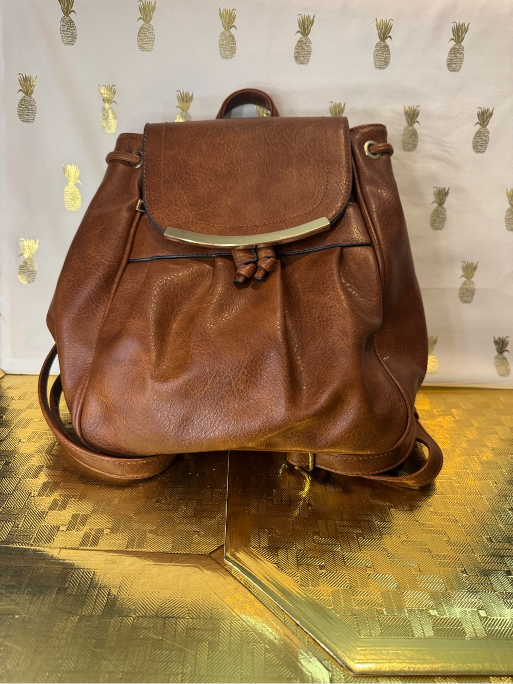 Brown Faux Leather Backpack with Gold Accent